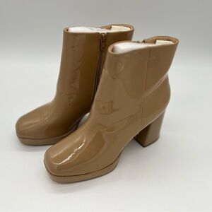 Women’s Platform Boots Chunky High Patent Square Toe Side Zipper Boots Nude 11